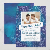 鮮やかな花柄のSave the Date（写真付き） 招待状 (正面/裏面)