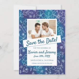 鮮やかな花柄のSave the Date（写真付き） 招待状