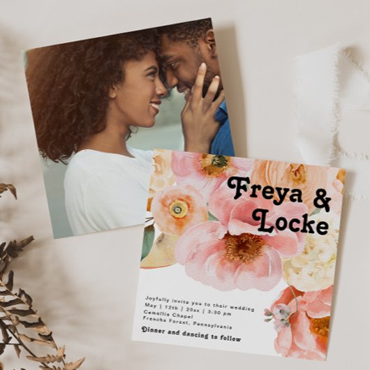 鮮やかな花柄 | 四角い写真の結婚式 招待状
