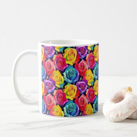 鮮やかな花柄、水彩画のバラ コーヒーマグカップ (ドーナツ)