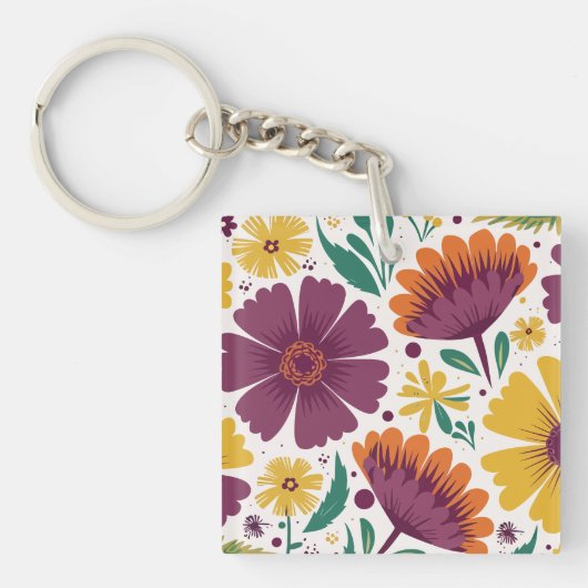 鮮やかな花模様（紫と黄色の花） キーホルダー (正面)