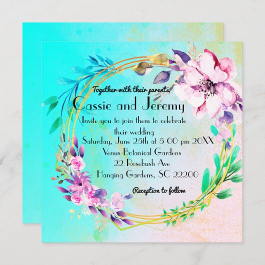 鮮やかな花輪の結婚式招待状 招待状 (正面/裏面)