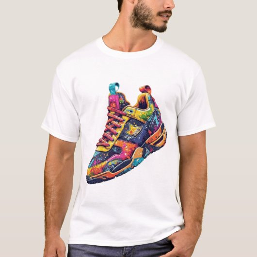 鮮やかな落書きスプラッター ストリートウェア スニーカー Tシャツ (正面)