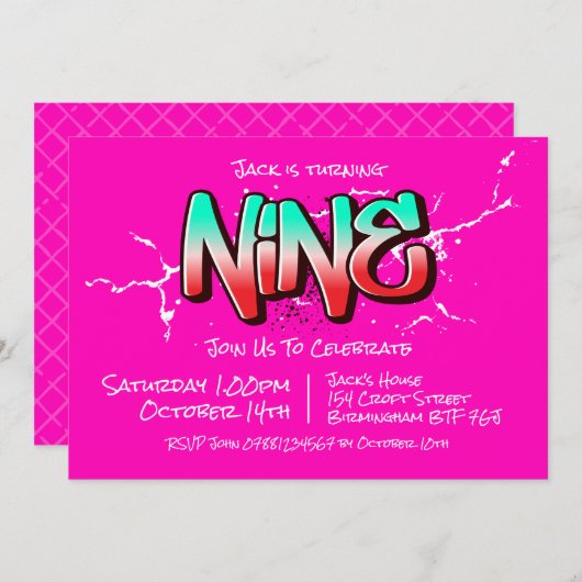 鮮やかな落書き9歳の招待状 招待状 (正面/裏面)