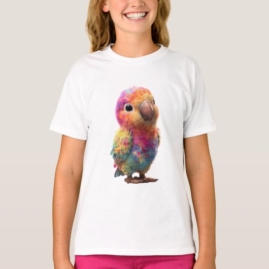 鮮やかな虹の水彩スプラッターバード キッズ Tシャツ (正面)