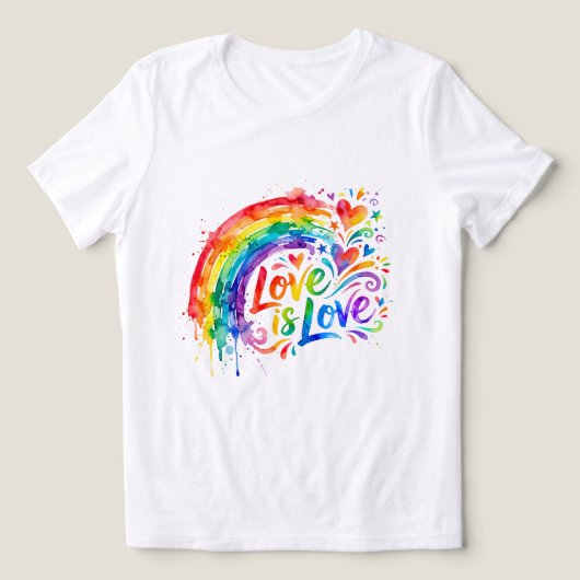 鮮やかな虹の水彩スプラッター「愛は愛」 トライブレンドTシャツ (デザイン正面)