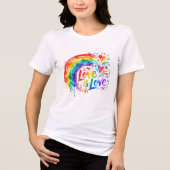 鮮やかな虹の水彩スプラッター「愛は愛」 トライブレンドTシャツ (正面)