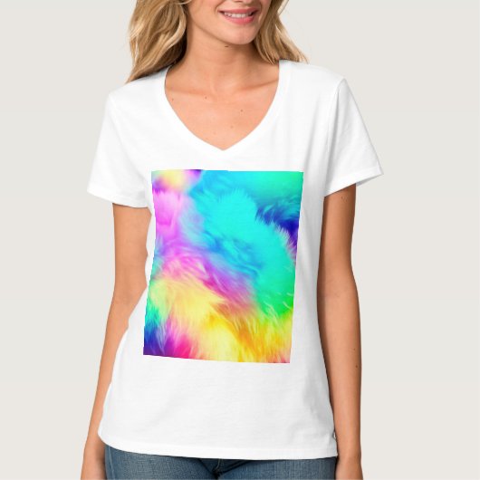 鮮やかな虹色のふわふわした毛皮のテクスチャ背景デザイン Tシャツ (正面)