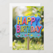 鮮やかな虹色のハッピーバースデーサイン バースデー 招待状 (正面/裏面)