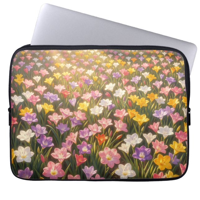 鮮やかな虹色のユリの花畑 ラップトップスリーブ (正面)