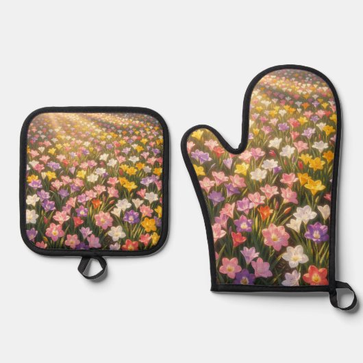 鮮やかな虹色のユリの花畑 鍋つかみ&鍋敷きセット (正面)