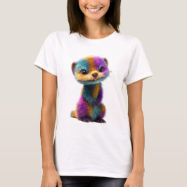 鮮やかな虹色の毛並み かわいいフェレットのイラスト 女性 Tシャツ