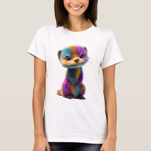 鮮やかな虹色の毛並み かわいいフェレットのイラスト 女性 Tシャツ (正面)