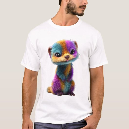 鮮やかな虹色の毛皮のイタチのキャラクター メンズ Tシャツ (正面)
