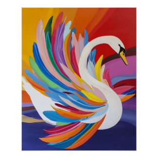 鮮やかな虹色の羽根を持つ白鳥の絵画 ポスター