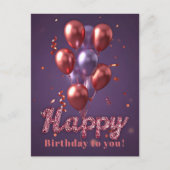 鮮やかな誕生日の風船と紫の背景のコンフェッティ ポストカード (正面)