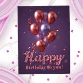 鮮やかな誕生日の風船と紫の背景のコンフェッティ ポストカード
