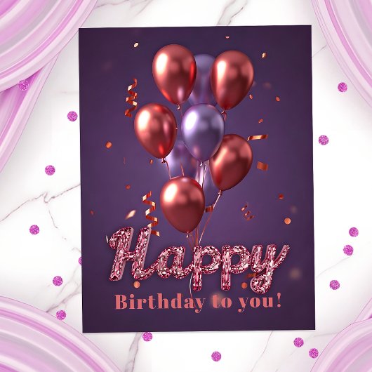 鮮やかな誕生日の風船と紫の背景のコンフェッティ ポストカード