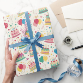 鮮やかな誕生日ケーキと風船の包装紙 ラッピングペーパー