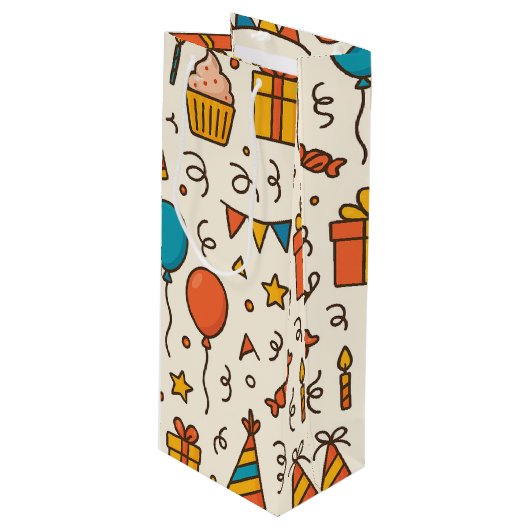 鮮やかな誕生日パーティーのシームレスパターン ワインギフトバッグ (正面アングル)