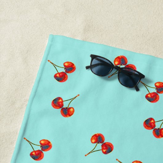 鮮やかな赤いさくらんぼパターン ビーチタオル (インサイチュ)