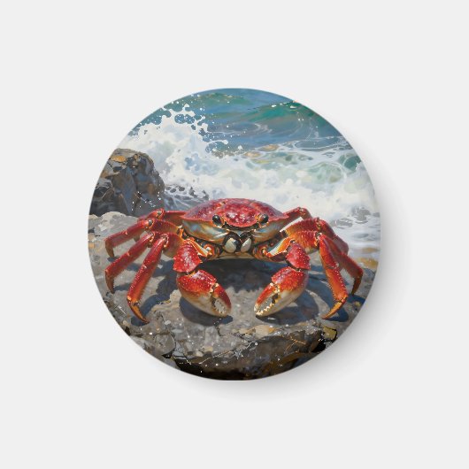 鮮やかな赤いカニの海の波 マグネット (正面)