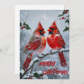 鮮やかな赤いカーディナルが雪の枝に シーズンカード (正面/裏面)