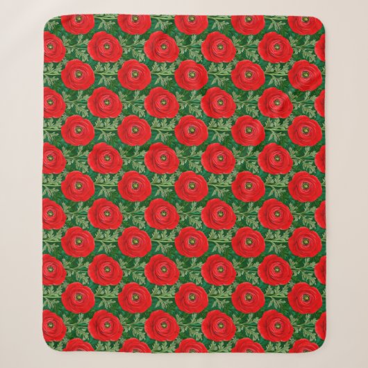 鮮やかな赤いキンポウゲの花柄 シェルパブランケット (正面)