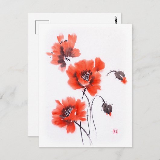 鮮やかな赤いケシが墨と水色を染める ポストカード (正面/裏面)