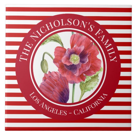 鮮やかな赤いケシのフローラサークル白ストライプ色 タイル (正面)