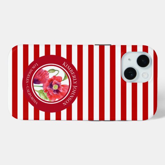 鮮やかな赤いケシのフローラサークル白ストライプ色 Case-Mate iPhoneケース (裏面 (横))
