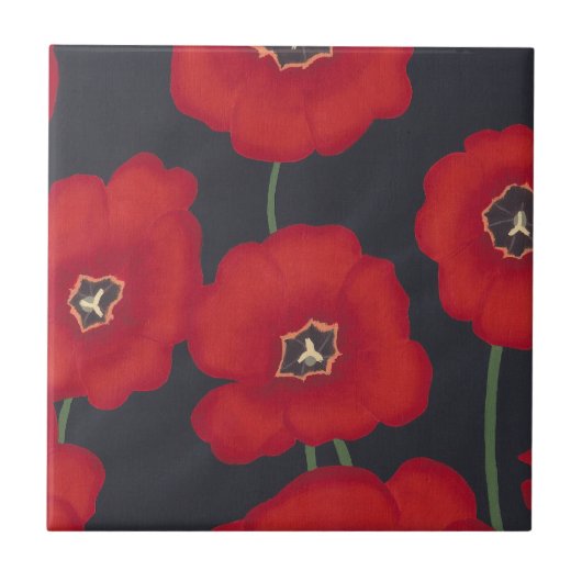 鮮やかな赤いチューリップの上に黒いセラミックタイル タイル (正面)