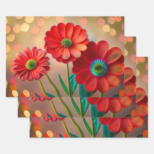 鮮やかな赤いデイジーの花 ラッピングペーパーシート (セット)
