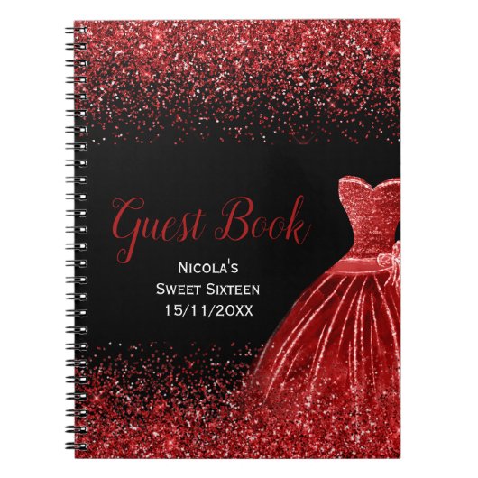 鮮やかな赤いドレスの贅沢な輝き Sweet 16 ゲストブック ノートブック (正面)