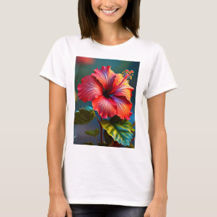 鮮やかな赤いハイビスカスの花と葉-45328 Tシャツ