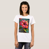 鮮やかな赤いハイビスカスの花と葉-45328 Tシャツ (正面フル)