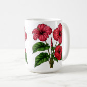 鮮やかな赤いハイビスカスの花と豊かな緑の葉 コーヒーマグカップ (正面右)
