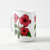 鮮やかな赤いハイビスカスの花と豊かな緑の葉 コーヒーマグカップ (正面左)