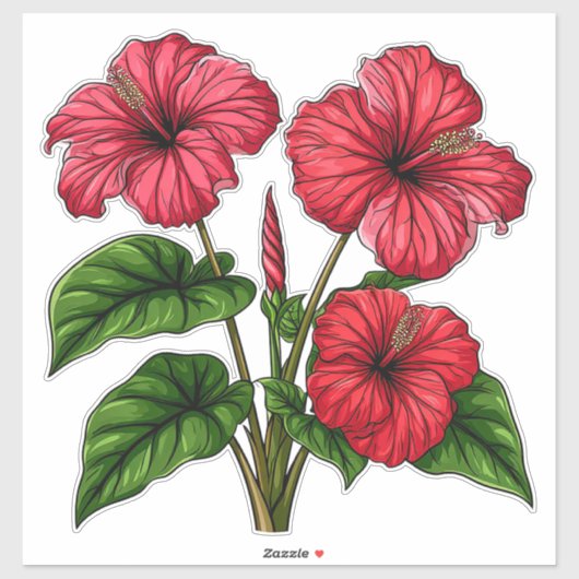 鮮やかな赤いハイビスカスの花と豊かな緑の葉 シール (シート)