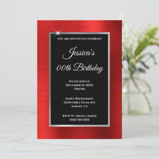 鮮やかな赤いフォイル銀と黒い誕生日 招待状 (スタンド正面)