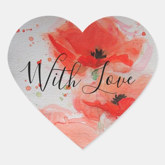 鮮やかな赤いポピーの水彩フラット誕生日カード ハートシール (正面)