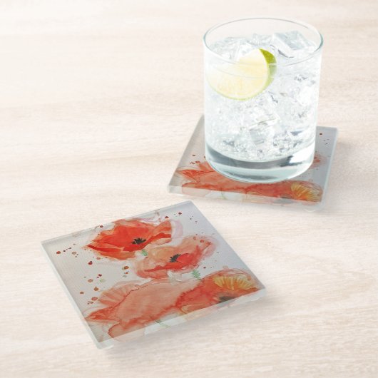 鮮やかな赤いポピーの水彩花 ガラスコースター (アングル)