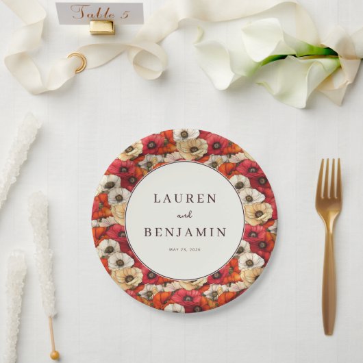 鮮やかな赤いポピー ペーパープレート (ウェディング)