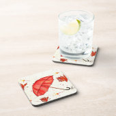 鮮やかな赤い傘と赤葉い水色 コースター (右側)