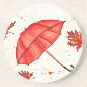 鮮やかな赤い傘と赤葉い水色 コースター (正面)