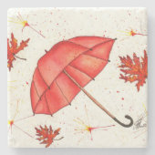 鮮やかな赤い傘と赤葉い水色 ストーンコースター (正面)