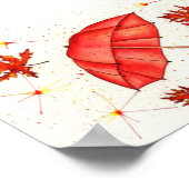 鮮やかな赤い傘と赤葉い水色 ポスター (角)