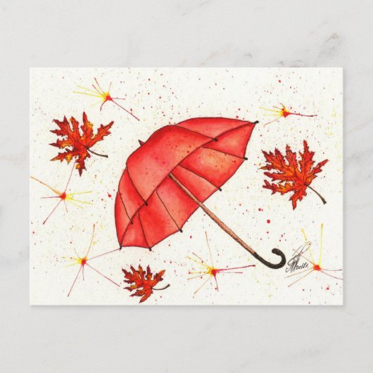 鮮やかな赤い傘と赤葉い水色 ポストカード (正面)