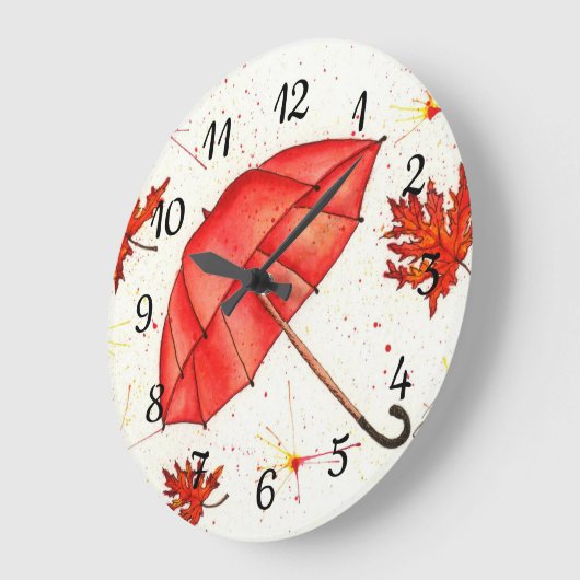 鮮やかな赤い傘と赤葉い水色 ラージ壁時計 (傾斜)