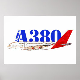 鮮やかな赤い尾翼デザインのエアバスA380イラスト ポスター